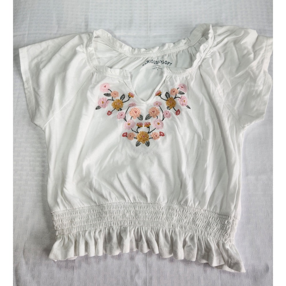 Aeropostale Seriously Soft White Floral Embroidered Smocked Waist Top Small